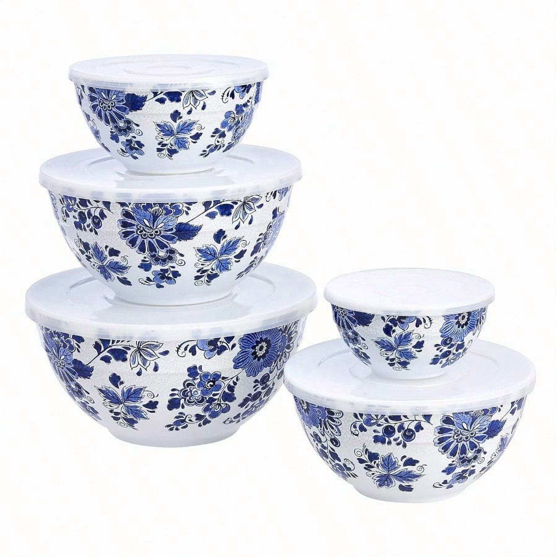 Nesting Melamine Mixing Round Bowl with Lid and Non-Slip Base 5 Sizes Blue and White Floral Set of 10 4 quarts 3 15/16" 7 9/16" 8 7/8" 10" 11 1/4" - Walmart.com
