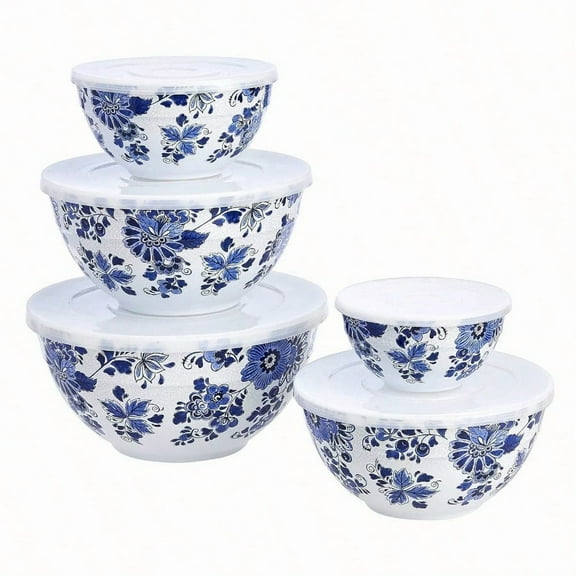 Nesting Melamine Mixing Round Bowl with Lid and Non-Slip Base 5 Sizes Blue and White Floral Set of 10 4 quarts 3 15/16" 7 9/16" 8 7/8" 10" 11 1/4"