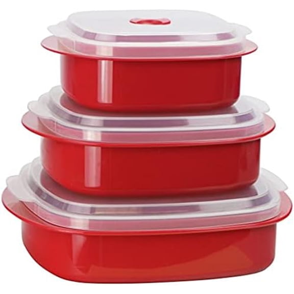 Nesting Microwave Containers, Set of 3, Adjustable Steam Vents, Airtight, Meal Prep, Durable BPA-Free Plastic- Freezer & Dishwasher Safe, Cookware & Food Storage, Anyday Cookware, Red
