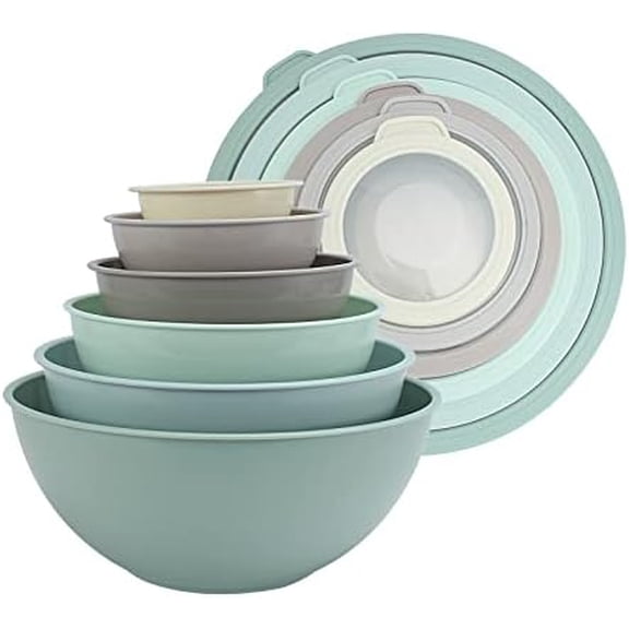 Nesting Mixing Bowls - 12 Piece Plastic Bowl Set with Lids, Microwave Safe (Mint Ombre)