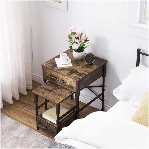 Nesting Nightstand Set with Drawers, Stackable End Tables for Bedside, Sofa, or Apartment Living Room, Brown Wood Top and Metal Frame