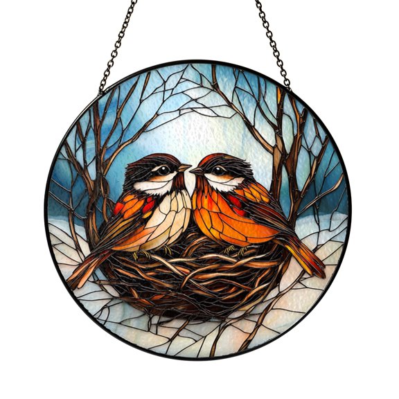 Nesting Robins Decorative Window Hanging – Stained Glass Style