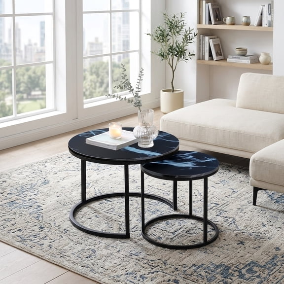 Nesting Round Coffee Table Set - Modern Industrial Black Marble Pattern