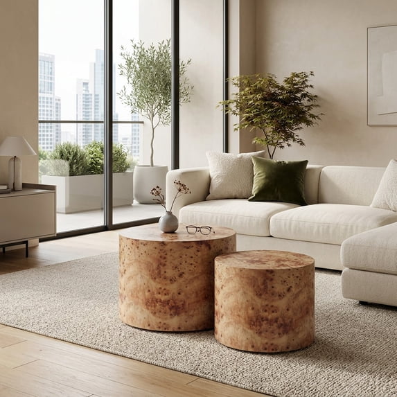 Nesting Round Coffee Table Set of 2 - Natural Burl Farmhouse Accent Tables for Living Room