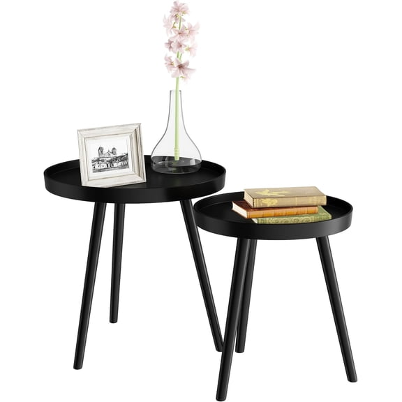 Nesting Round Side Tables with Tray Tops - Set of 2 Mid-Century Modern Accent Tables for Living Room, Bedroom or Home Office