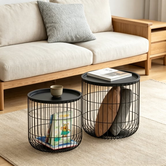 Nesting Side Table Set of 2, Bird-Cage Style Steel End Tables with Hidden Storage Space, Powder-Coated Frame, Space-Saving Accent Storage Tables, Black