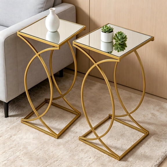 Nesting Side Table Set of 2, End Table with Metal Frame & Tempered Glass Top, Coffee Table Decorative Accent Table for Bedroom, Living Room, Home Office, Golden