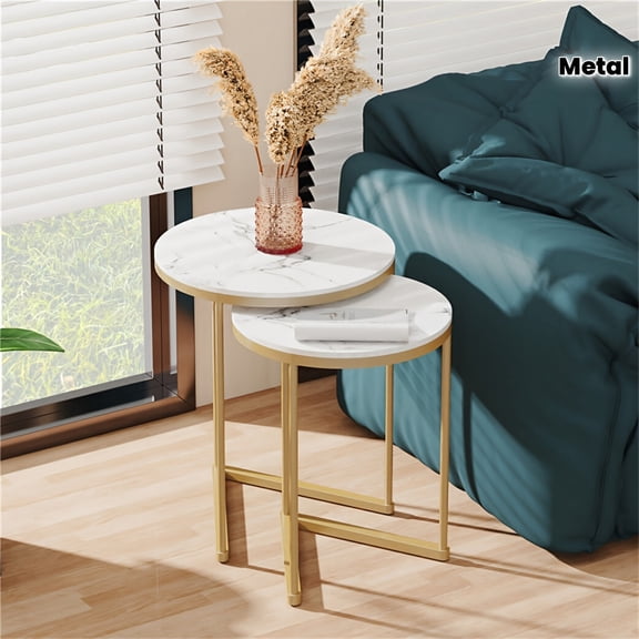 Nesting Side Table Set of 2, Golden Metal Frame with Sintered Stone Marble-Effect Top, Modern Nesting Accent Tables for Living Room, Office & Display Furniture