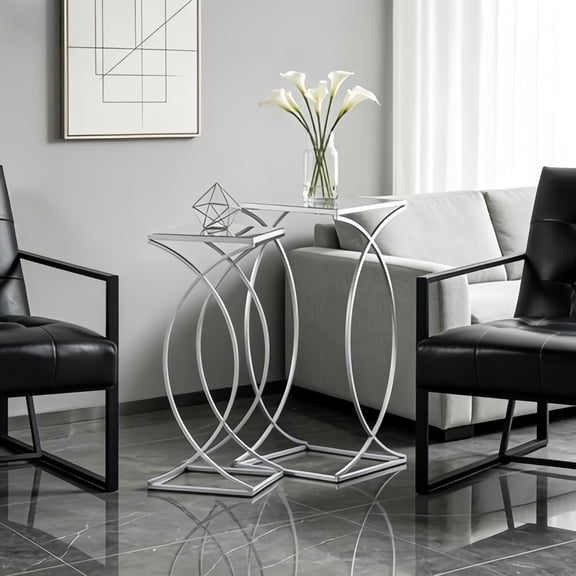 Nesting Side Table Set of 2, Modern End Table with Metal Frame & Tempered Glass Top, Coffee Table Decorative Accent Table for Small Space Living Room, Office, Silver