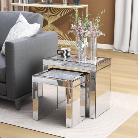Nesting Side Table Set, 2 Pcs Mirrored Separated End Table with Faux Diamond Inlay, Modern Tea Table Set for Living Room