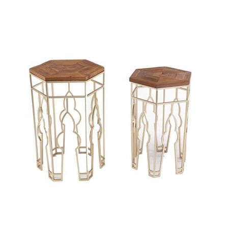 Nesting Side Table with Hexagonal Top, Brown & Gold - Set of 2