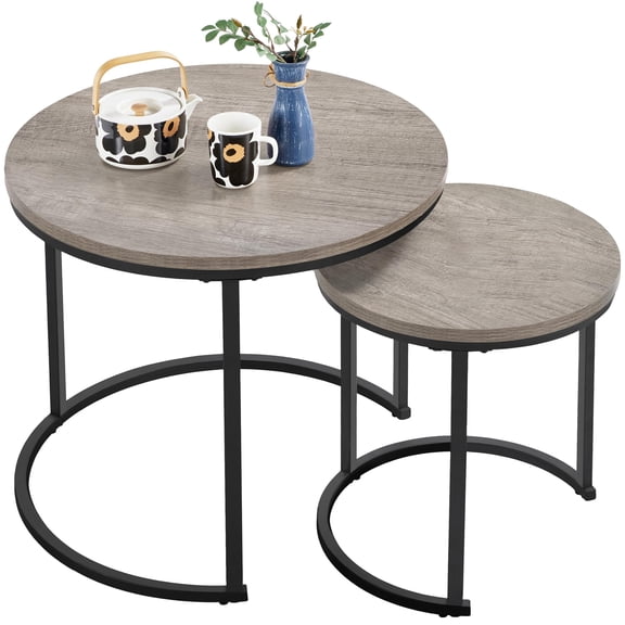 Nesting Side Tables Set of 2, Modern Round End Tables with Waterproof Scratch Resistant Surface and Sturdy Metal Base for Living Room, Guestroom, Balcony, Apartment, Small Space, Gray