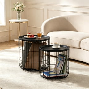 Nesting Side Tables, Set of 2 Round Steel Wire Frame Accent Tables with Removable Tops and Storage Baskets, Black Powder-Coated Finish for Living Room, 15.75" and 13.75" Diameter