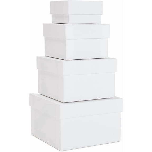 Nesting Square Gift Box Set - 4-Piece Assortment, White, & Stackable Boxes With Lids For Presents Party Favors