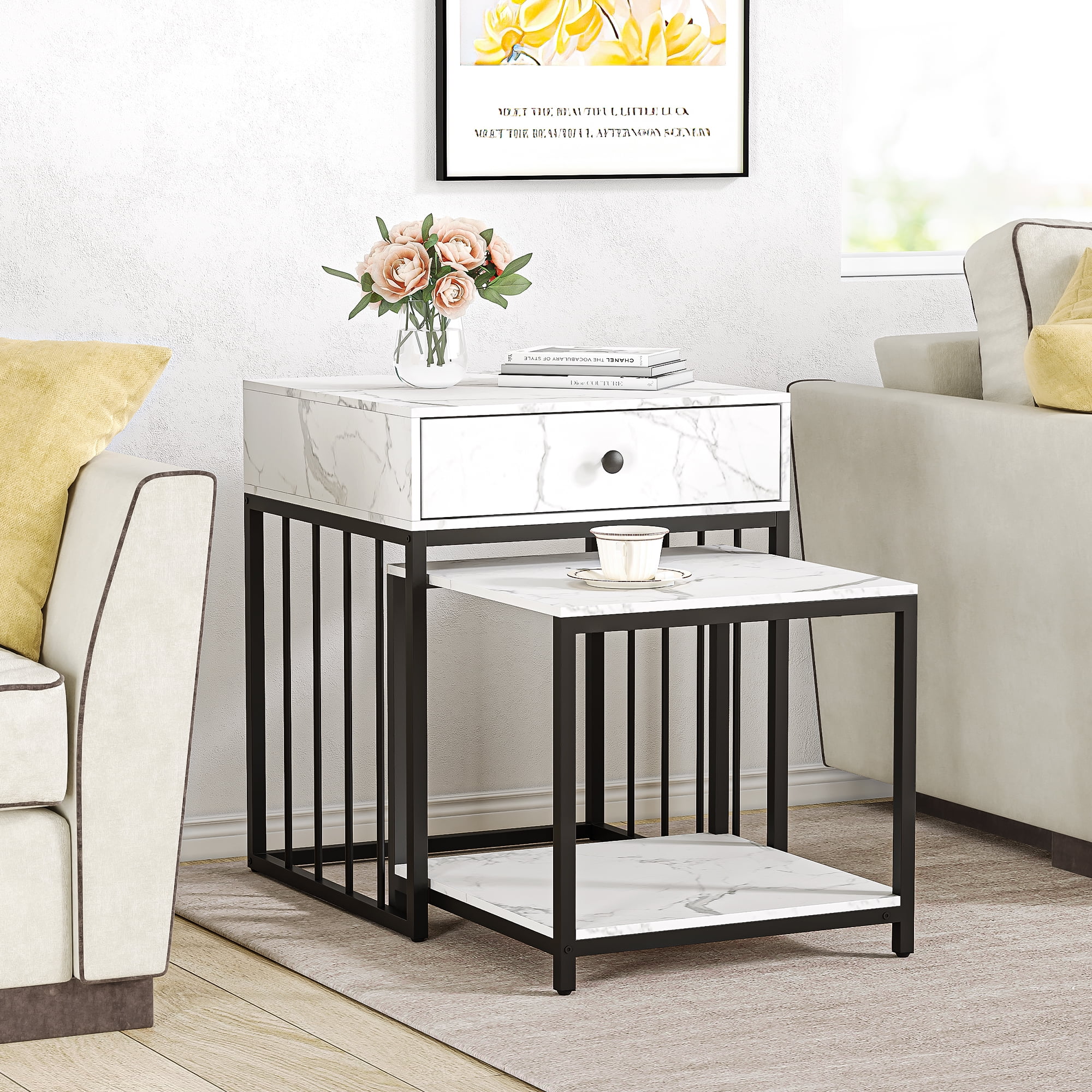 Nesting Table with Drawer & Shelf, Round White Marble Wood Table Set of