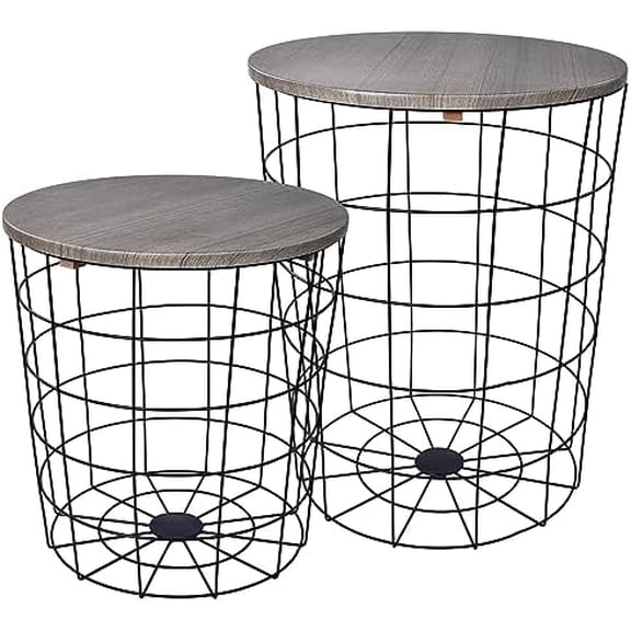 Nesting Table End Table Wire Basket Base with Wood Tops Side Table Set of 2, Gray