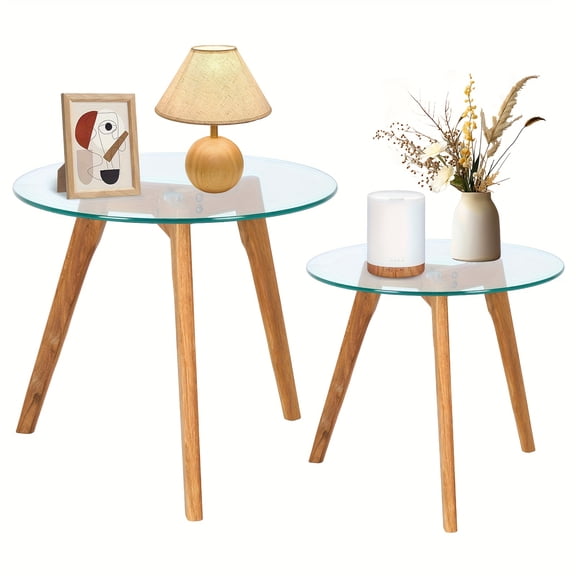 Nesting Table Morden Tempered Glass Round Coffee Table Set Of 2, End Table with Oak Wood Base, Side Table for Living Room, Bedroom, Apartment, Simple Nightstand, Natural with Transparent Glass