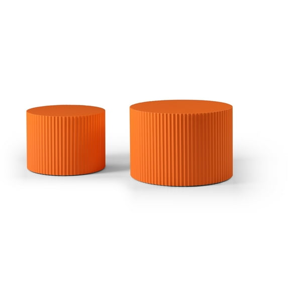 Nesting Table Set of 2,Handcraft Round Coffee Table Set with 1 Big & 1 Small Tables,Solid Wood Nightstand,Side Table End Table for Living Room Bedroom Apartment Leisure Area,No Assembling, Orange