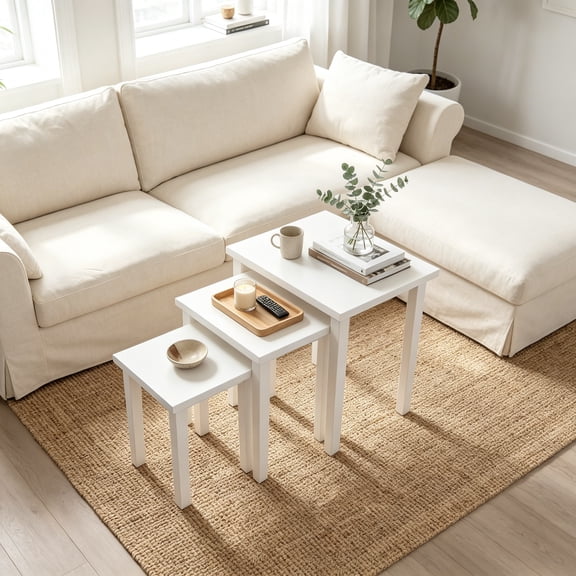 Nesting Table Set of 3, Farmhouse Stacking Side Table with Rubber Legs, Wooden Rectangle Accent End Table, Nesting Coffee Table for Living Room, Bedroom, White