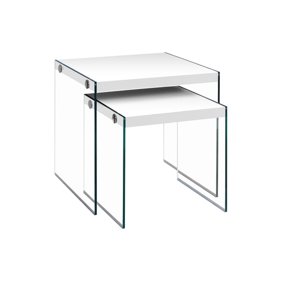 Nesting Table, Set Of 2, Side, End, Accent, Living Room, Bedroom, Glossy White Laminate, Clear Tempered Glass, Contemporary, Modern