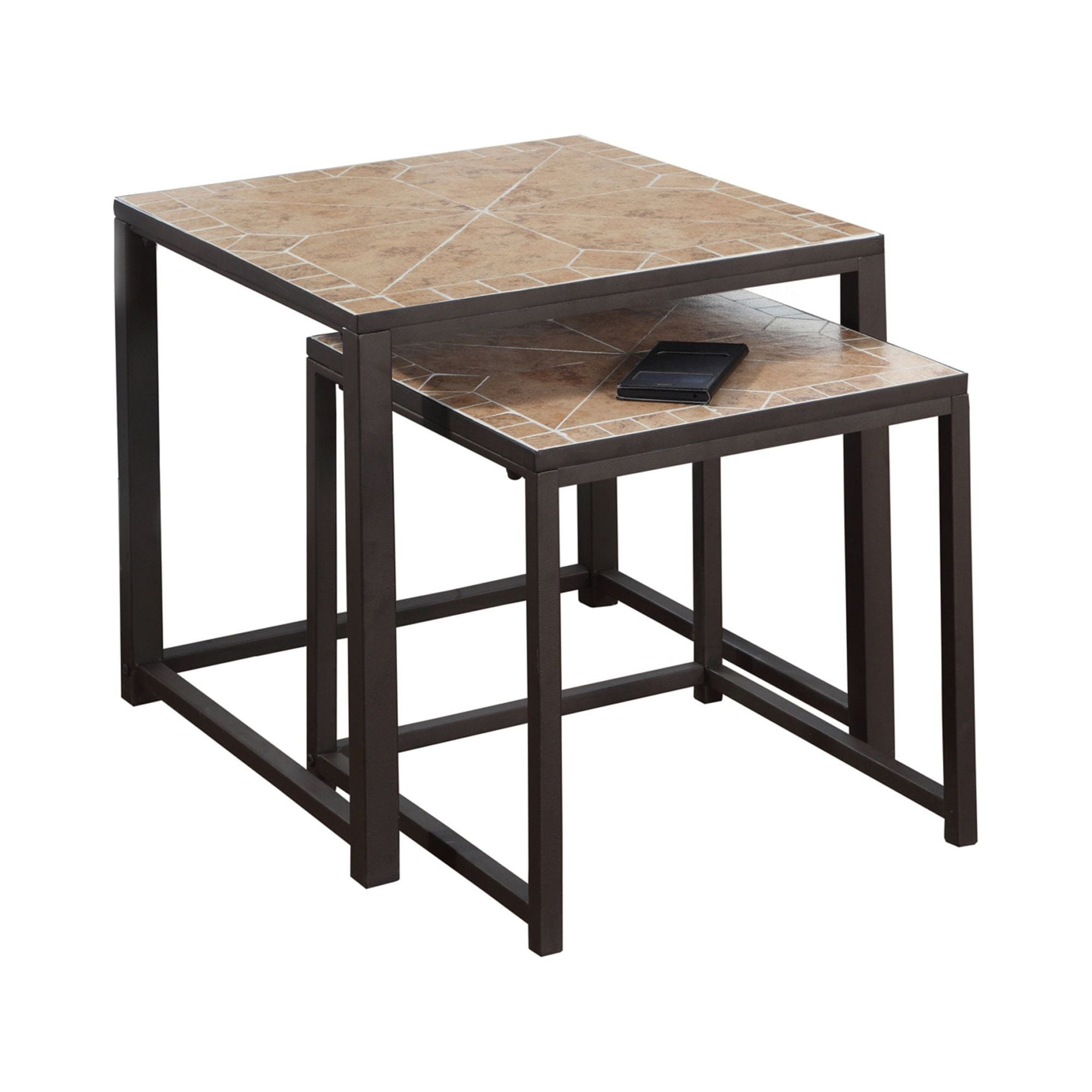 Terracotta Mosaic Tile Top Brown Metal Nesting Tables Set