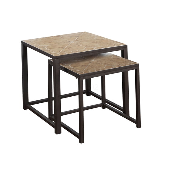 Nesting Table Set of 2, End Tables with Tile Top, Metal Frame, Space Saving Accent Tables for Living Room, Bedroom, Brown