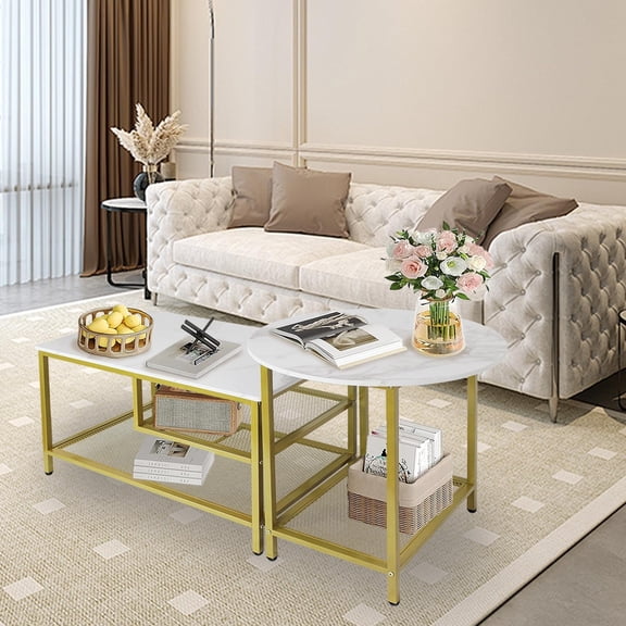 Nesting Table Set of 2, Modern Round End Table & Rectangular Coffee Tables for Living Room Apartment (Gold)