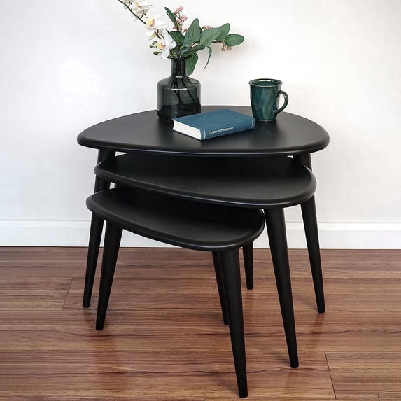 Ultimate Premium Products Nesting Table Set of 3 | Black Tables with Tapered Legs | Retro Solid Wood Home Furniture
