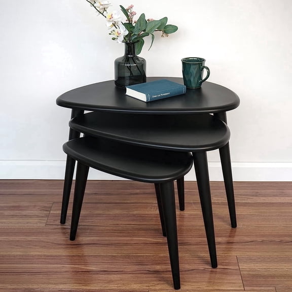 Ultimate Premium Products Nesting Table Set of 3 | Black Tables with Tapered Legs | Retro Solid Wood Home Furniture