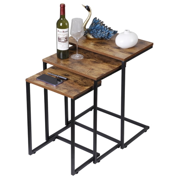 Nesting Table Set of 3 Side Tables, Modern Coffee Table Stacking End Table with Metal FrameBrown