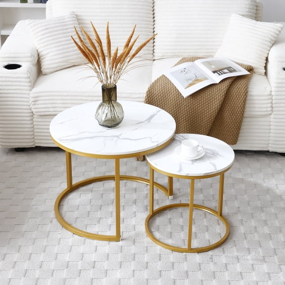 Nesting Tables Set of 2, Round Coffee Table with Gold Metal Frame, White and Gray Marble Pattern Wooden Top, Modern Industrial Side Table for Living Room Bedroom Apartment