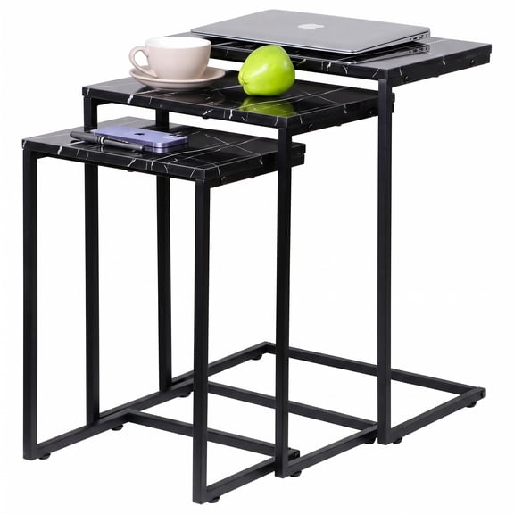 Nesting Tables Set Of 3, Industrial C Shaped End Table Stackable Coffee Table Heavy Duty Metal Frame For Small Space, Living Room, Bedroom, Side Table Tray For Laptop Snack, Black