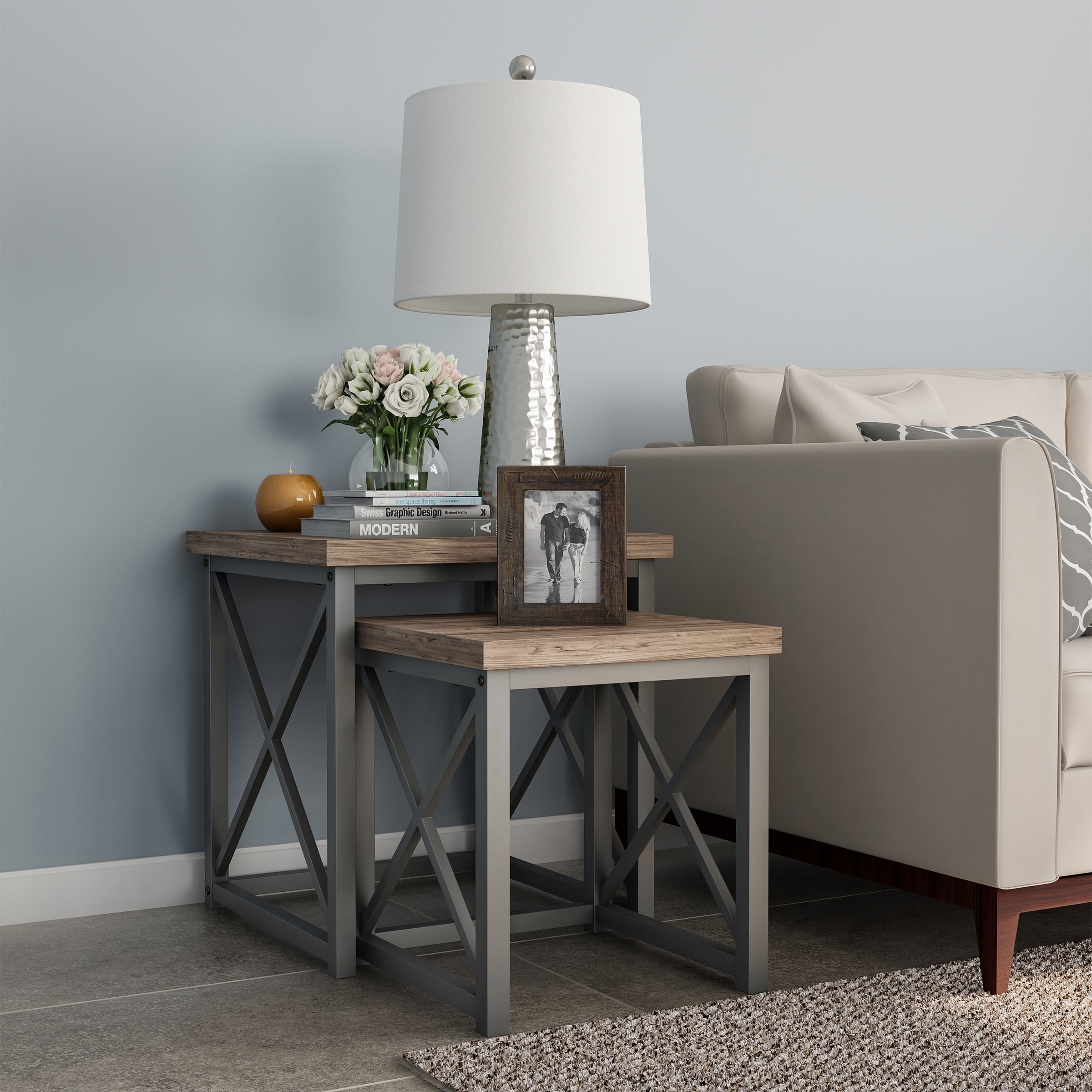 Nesting TablesSet of 2, Modern Woodgrain Look for Living Room Coffee