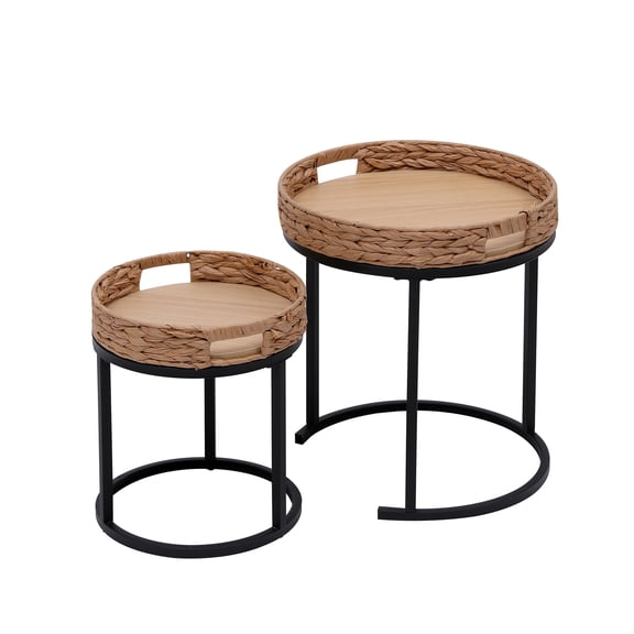 Nesting Tables Set of 2, Small Round Side Tables,Traditional Hand-Woven Nesting Tables for Living Room