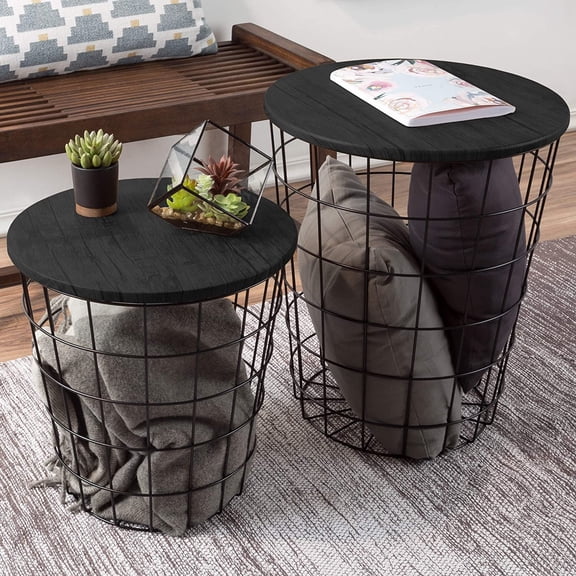 Nesting Tables with Removable Wood Tops and Metal Basket Bases for Storage