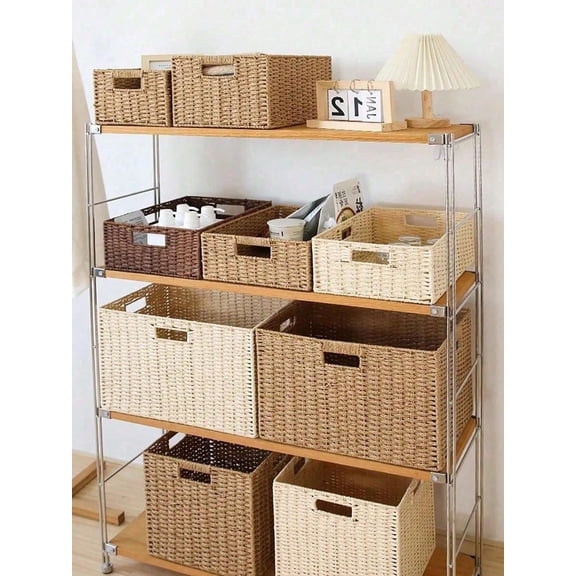 Nesting Wicker Storage Baskets Pack, Handwoven SolidColor Rattan Organizer Bins with Handles for Shelves, Desk, TV Stand, Bedroom Closet & Wardrobe