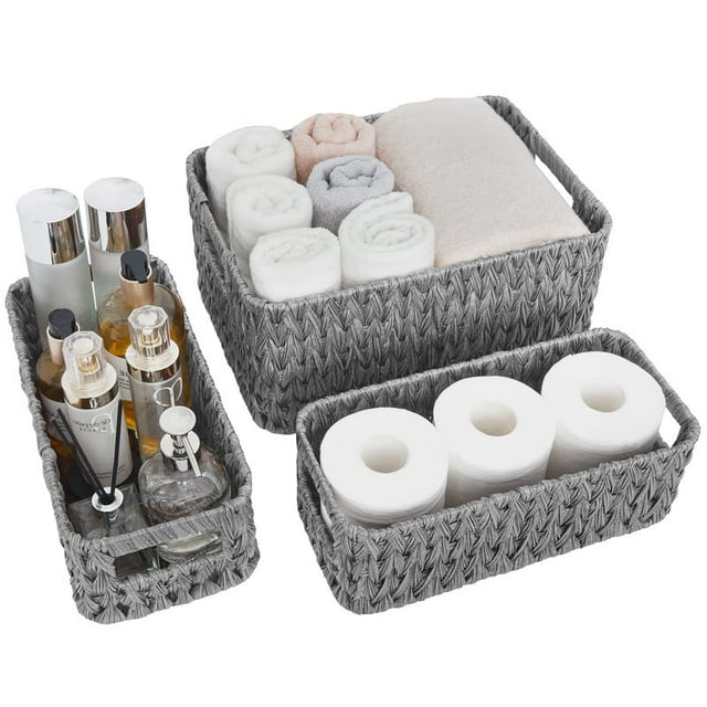 Nesting Wicker Storage Baskets for Shelves,Made from Plastic Wicker,Storage for Bedroom,Bathroom,etc,Set of 1 Large and 2 Small,Grey,Large