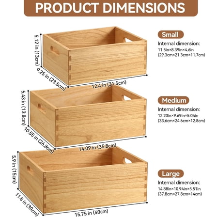 Nesting Wood Crates with Handles Set of 3 - Farmhouse Decor Wooden Storage Containers/ Portable Rolling Tray Basket/ Crates Decorative Boxes Natural 3TH-NA