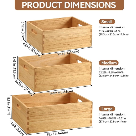 Nesting Wood Crates with Handles Set of 3 - Farmhouse Decor Wooden Storage Containers/ Portable Rolling Tray Basket/ Crates Decorative Boxes Natural 3TH-NA