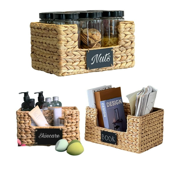 Nesting basket for storage with chalkboard maker, rectangular woven basket for snack storage and organizing pantry shelves