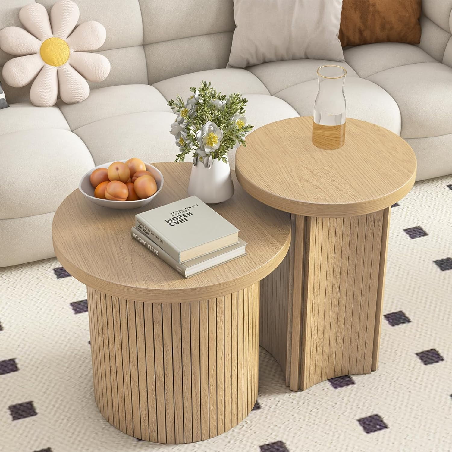 Nesting Coffee Table Set of 2, Round Wooden Coffee Tables, Side Table ...