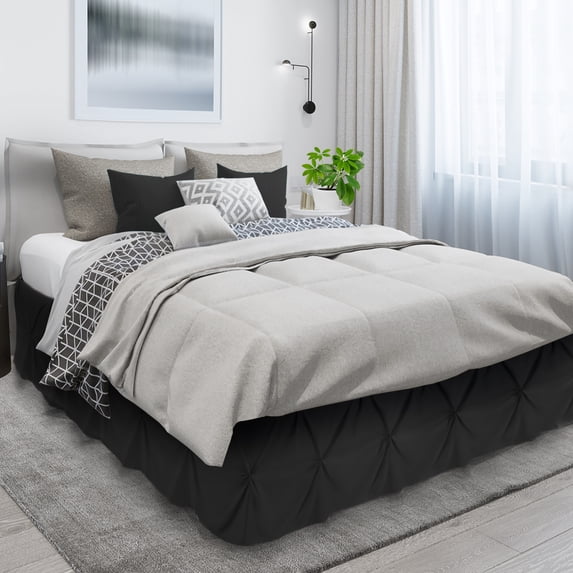 Nestl 14" Tailored Pinch Pleated Bed Skirt - Hotel Luxury Double Brushed Microfiber Pintuck Decorative Dust Ruffle, Full, Black