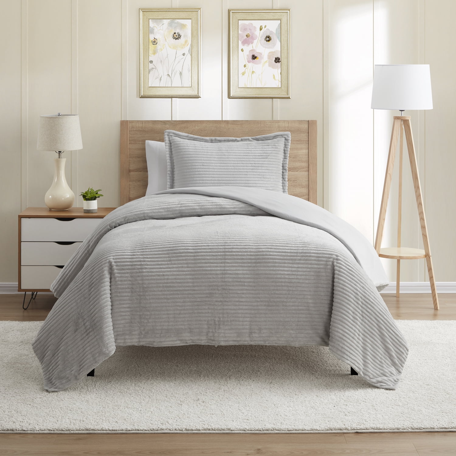Nestl 2 Pc Cut Plush Reversible Duvet Cover and Sham Set with Zipper Closure & Corner Ties - 100% Soft Hypoallergenic Microfiber Decorative Comforter Cover Twin, Silver Gray