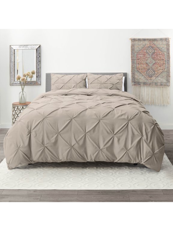 2 Piece Pinch Pleated Pintuck Duvet Cover Set with Shams, Soft Microfiber,Button Closure Bedding Set, Twin - Taupe