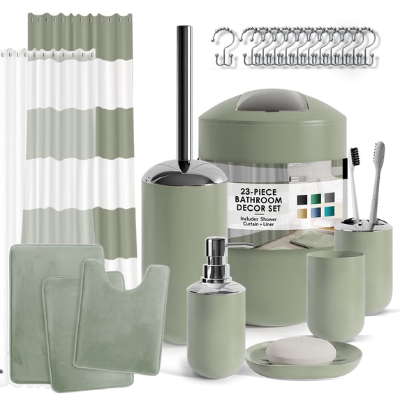 Hearth & Harbor 23 Piece Bathroom Accessories Set, Sage Green Bathroom Decor Set with Bathroom Rugs