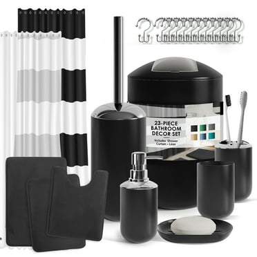 Nestl 23 Piece Bathroom Accessory Gift Set, Bathroom Shower Curtain Set, And Bath Rug Set, Black