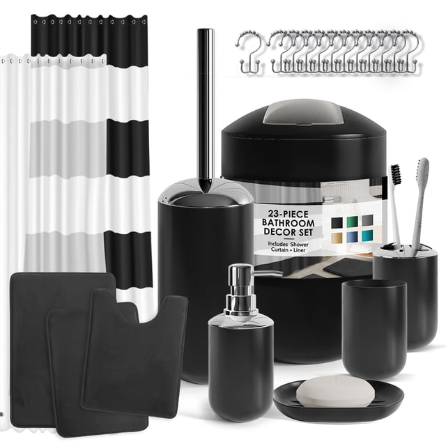 Nestl 23 Piece Bathroom Accessory Gift Set, Bathroom Shower Curtain Set, And Bath Rug Set, Black