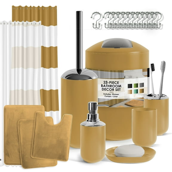 Nestl 23 Piece Bathroom Accessory Gift Set, Bathroom Shower Curtain Set, And Bath Rug Set, Gold