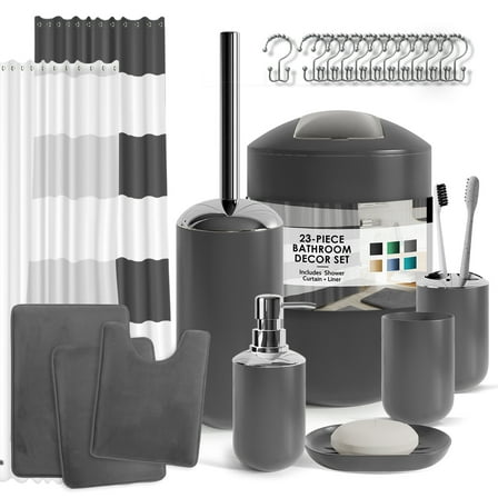 Nestl 23 Piece Bathroom Accessory Gift Set, Bathroom Shower Curtain Set, And Bath Rug Set, Gray