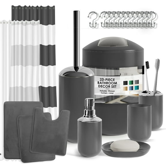 Nestl 23 Piece Bathroom Accessory Gift Set, Bathroom Shower Curtain Set, And Bath Rug Set, Gray